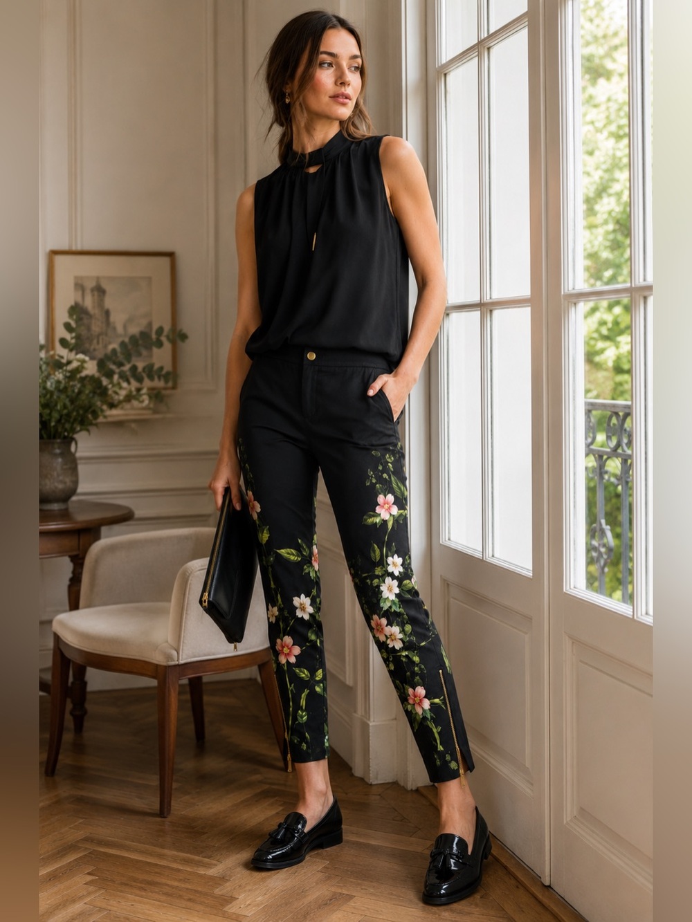 TED BAKER Hadas Secret Trellis Black Floral Cropped Zip Ankle Pants Tailored 1